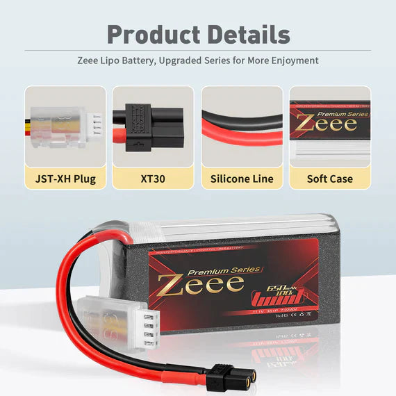 Zeee Premium Series 3S Lipo Akku 650mAh 11.1V 100C Soft Case mit XT30 Stecker für RC Car RC Modelle (2 Pack) - LiPo24.de