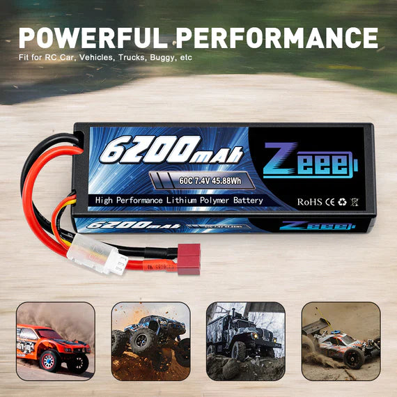 Zeee 2S Lipo Akku 6200mAh 7,4V 60C Hartschalenkoffer mit Deans T-Anschluss für RC Fahrzeuge Auto LKW Truggy Boot Racing Hobby (2 Stück) - LiPo24.de