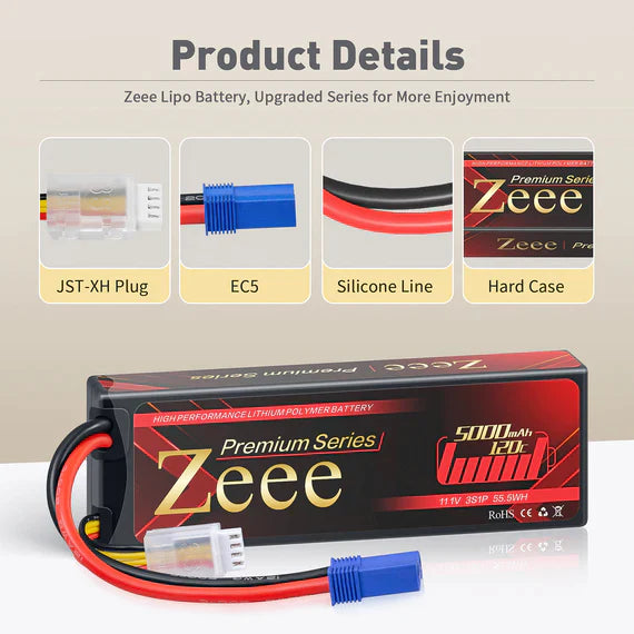 Zeee Premium Series 3S Lipo Akku 5000mAh 11.1V 120C LCG Hartschalenkoffer mit EC5 Anschluss für RC Car RC Modelle (2 St.) - LiPo24.de