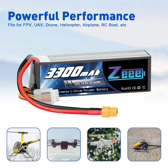 Zeee 4S Lipo Akku 3300mAh 14,8V 50C Soft Case mit XT60 Stecker für RC Flugzeug RC Auto (2 Packungen) - LiPo24.de