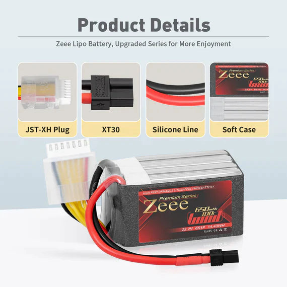 Zeee Premium Series 6S Lipo Akku 650mAh 22.2V 100C XT30 (2 St.) - LiPo24.de