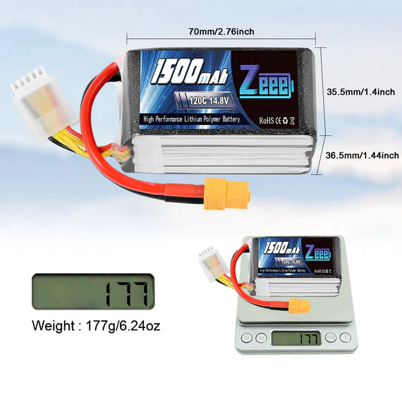 Zeee 4S Lipo Akku 1500mAh 14,8V 120C Graphen Akku mit XT60 Stecker für FPV RC Car RC Modelle (2 Pack) - LiPo24.de