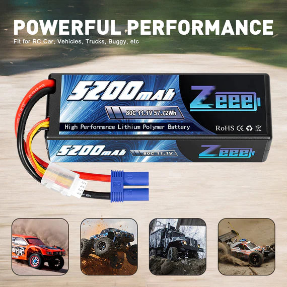 Zeee 3S Lipo Akku 5200mAh 11.1V 80C mit EC5 Anschluss Hardcase Akku für RC Car Racing Modelle (2 St.)) - LiPo24.de