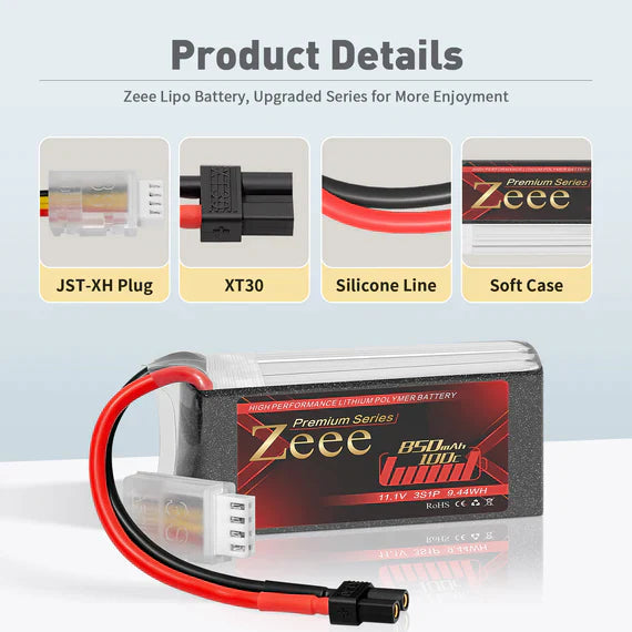 Zeee Premium Series 3S Lipo Akku 850mAh 11.1V 100C Soft Case mit XT30 Stecker für RC Car RC Modelle (2 St.)   LiPo24.de