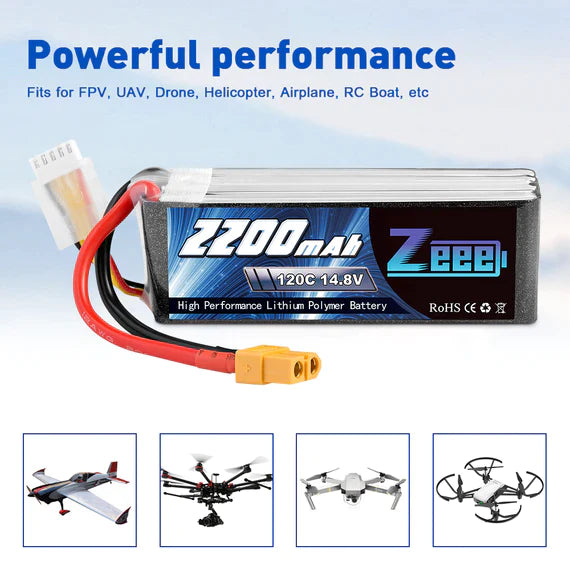 Zeee 4S Lipo Akku 2200mAh 14,8V 120C mit XT60 Stecker RC Graphen Akku für RC Modelle Flugzeug RC Auto (2 Stück)   LiPo24.de