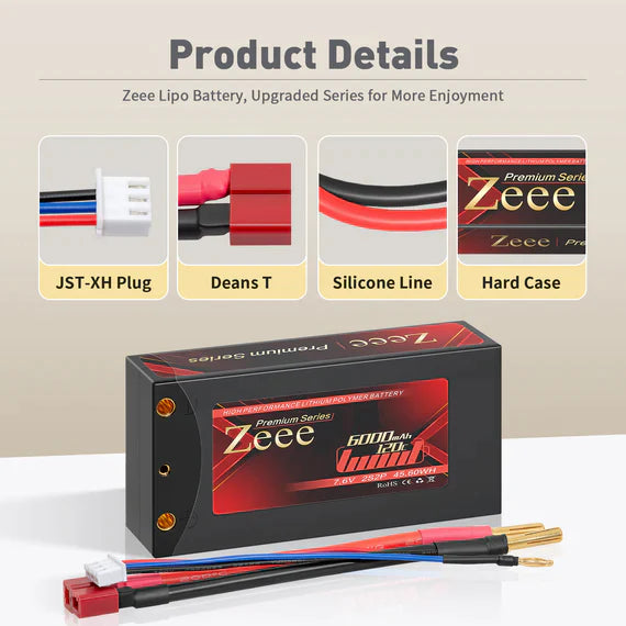 Zeee Premium Series 2S Shorty Lipo Akku 6000mAh 7,6V 120C Hartschalenkoffer mit 4mm Bullet to Deans Stecker für RC Car (2 Pack) - LiPo24.de