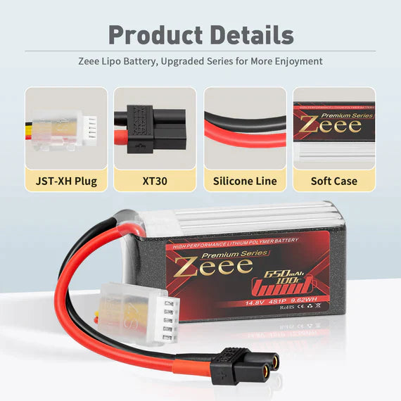 Zeee Premium Series 4S Lipo Akku 650mAh 14,8V 100C XT30 (2 Pack) - LiPo24.de