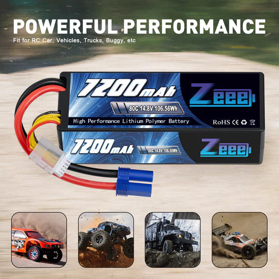 Zeee 4S Lipo Akku 7200mAh 14,8V 80C mit EC5 Anschluss Hartschalenkoffer für RC Car RC Racing Modelle (2 St.) - LiPo24.de