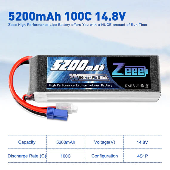 Zeee 4S Lipo Akku 14.8V 5200mAh 100C mit EC5 Stecker Soft Case für RC Flugzeug RC Auto (2 Stück)   LiPo24.de