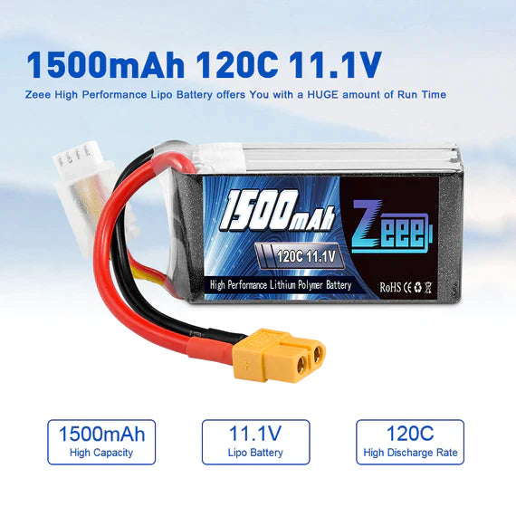 Zeee 3S Lipo Akku 1500mAh 11,1V 120C Graphen Akku mit XT60 Stecker für RC Car RC Modelle (2 Pack)   LiPo24.de