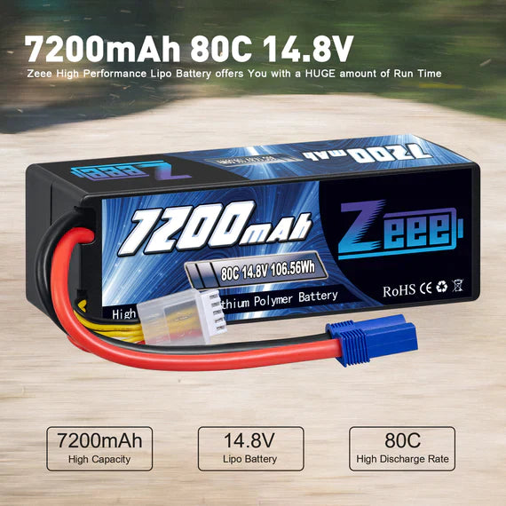 Zeee 4S Lipo Akku 7200mAh 14,8V 80C mit EC5 Anschluss Hartschalenkoffer für RC Car RC Racing Modelle (2 St.) - LiPo24.de