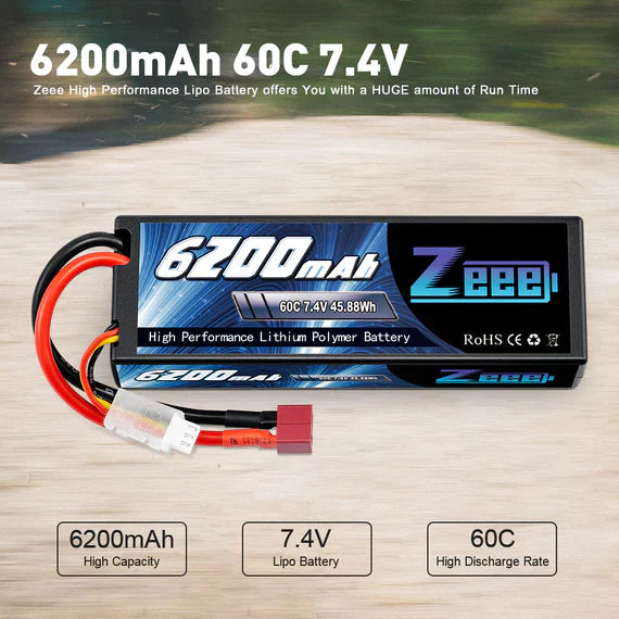 Zeee 2S Lipo Akku 6200mAh 7.4V 60C Hartschalenkoffer mit Deans-Anschluss für RC-Fahrzeuge Auto LKW Truggy Boot (1 Pack) - LiPo24.de