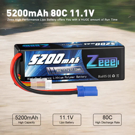Zeee 3S Lipo Akku 5200mAh 11.1V 80C mit EC5 Anschluss Hardcase Akku für RC Car Racing Modelle (2 St.)) - LiPo24.de