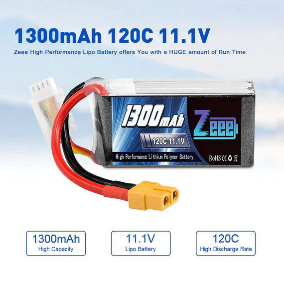 Zeee 3S Lipo Akku 1300mAh 11,1V 120C Graphen Akku mit XT60 Stecker für FPV RC Car RC Modelle (2 Pack)   LiPo24.de