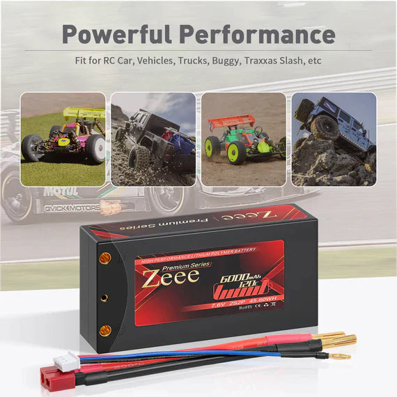 Zeee Premium Series 2S Shorty Lipo Akku 6000mAh 7,6V 120C Hartschalenkoffer mit 4mm Bullet to Deans Stecker für RC Car (2 Pack) - LiPo24.de
