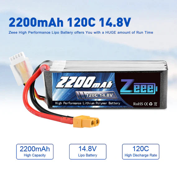 Zeee 4S Lipo Akku 2200mAh 14,8V 120C mit XT60 Stecker RC Graphen Akku für RC Modelle Flugzeug RC Auto (2 Stück)   LiPo24.de