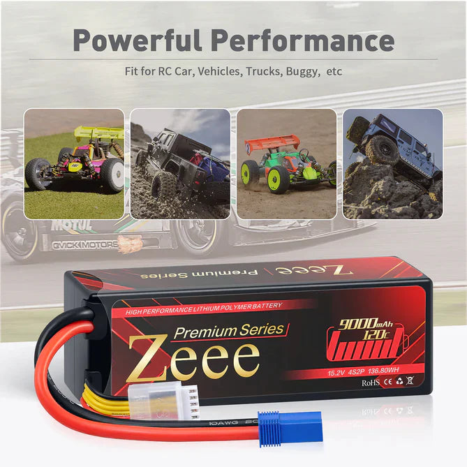 Zeee Premium Serie 4S Lipo Akku 9000mAh 15,2V 120C Hartschalenkoffer mit EC5 Anschluss für RC Car Racing Modelle (2 St.) - LiPo24.de