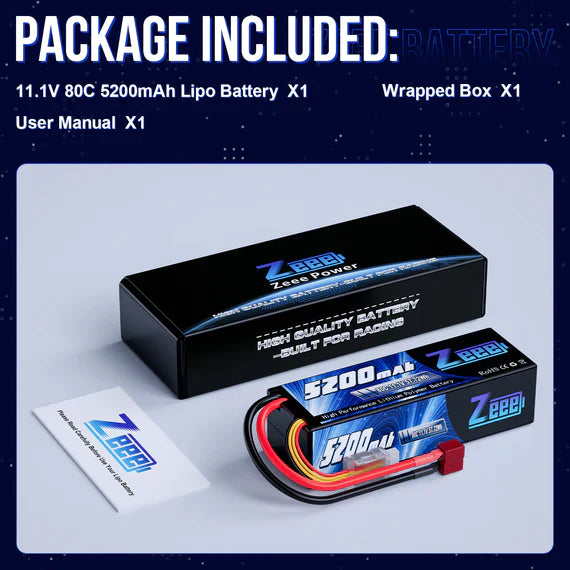 Zeee 3S Lipo Akku 5200mAh 11,1V 80C Hartschalenkoffer mit Deans-Anschluss für RC-Car - LiPo24.de