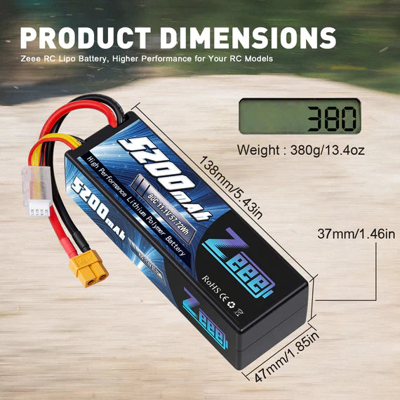 Zeee 3S Lipo Akku 5200mAh 11.1V 80C mit XT60 Stecker Hard Case Akku für RC Car RC Modelle (2 Pack) - LiPo24.de