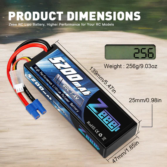Zeee 2S Lipo Akku 5200mAh 7.4V 80C Hard Case mit EC3 Stecker für 1/8 1/10 RC Fahrzeuge Auto (2 Pack) - LiPo24.de