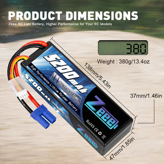 Zeee 3S Lipo Akku 5200mAh 11.1V 80C mit EC5 Anschluss Hardcase Akku für RC Car Racing Modelle (2 St.)) - LiPo24.de