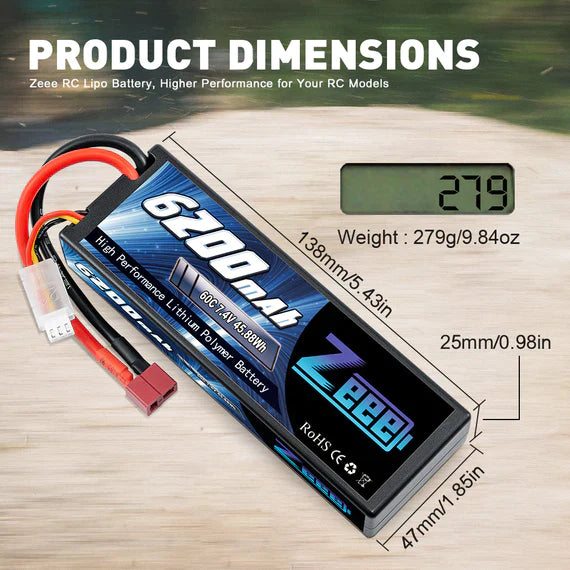 Zeee 2S Lipo Akku 6200mAh 7.4V 60C Hartschalenkoffer mit Deans-Anschluss für RC-Fahrzeuge Auto LKW Truggy Boot (1 Pack) - LiPo24.de