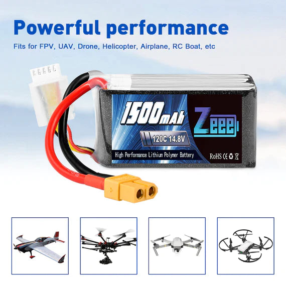 Zeee 4S Lipo Akku 1500mAh 14,8V 120C Graphen Akku mit XT60 Stecker für FPV RC Car RC Modelle (2 Pack) - LiPo24.de