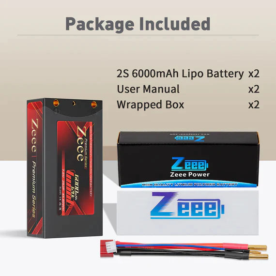 Zeee Premium Series 2S Shorty Lipo Akku 6000mAh 7,6V 120C Hartschalenkoffer mit 4mm Bullet to Deans Stecker für RC Car (2 Pack) - LiPo24.de