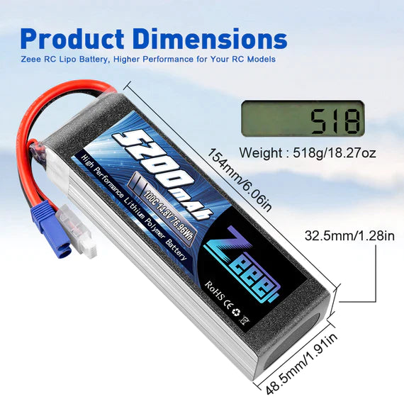 Zeee 4S Lipo Akku 14.8V 5200mAh 100C mit EC5 Stecker Soft Case für RC Flugzeug RC Auto (2 Stück) - LiPo24.de