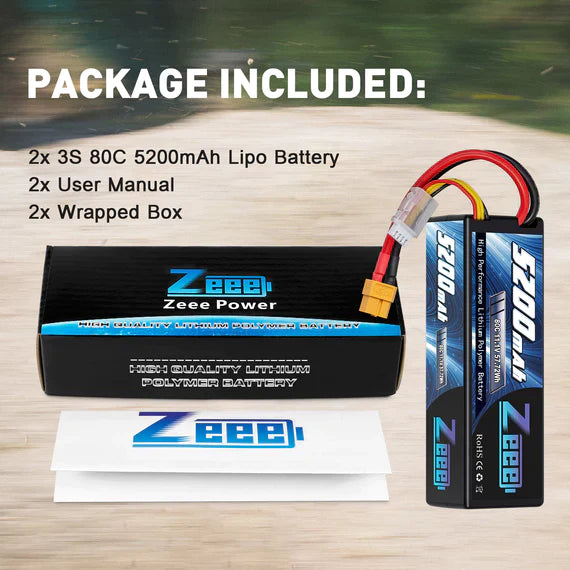 Zeee 3S Lipo Akku 5200mAh 11.1V 80C mit XT60 Stecker Hard Case Akku für RC Car RC Modelle (2 Pack) - LiPo24.de