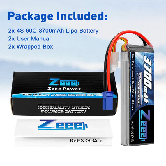 Zeee 4S Lipo Akku 3700mAh 14,8V 60C Soft Case mit EC5 Stecker für RC Flugzeug RC Modelle (2 Packungen) - LiPo24.de