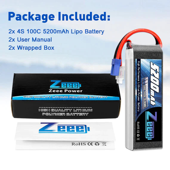 Zeee 4S Lipo Akku 14.8V 5200mAh 100C mit EC5 Stecker Soft Case für RC Flugzeug RC Auto (2 Stück) - LiPo24.de