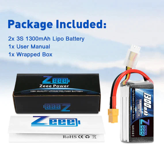 Zeee 3S Lipo Akku 1300mAh 11,1V 120C Graphen Akku mit XT60 Stecker für FPV RC Car RC Modelle (2 Pack)   LiPo24.de