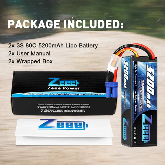 Zeee 3S Lipo Akku 5200mAh 11.1V 80C mit EC5 Anschluss Hardcase Akku für RC Car Racing Modelle (2 St.)) - LiPo24.de