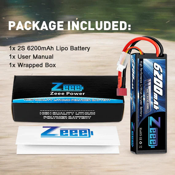 Zeee 2S Lipo Akku 6200mAh 7.4V 60C Hartschalenkoffer mit Deans-Anschluss für RC-Fahrzeuge Auto LKW Truggy Boot (1 Pack) - LiPo24.de