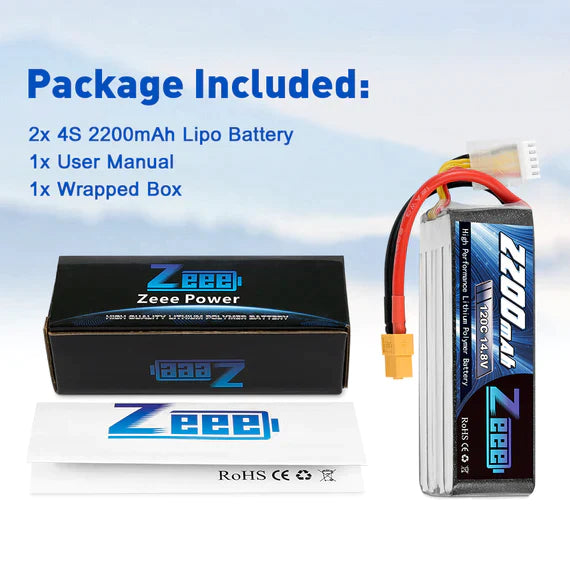 Zeee 4S Lipo Akku 2200mAh 14,8V 120C mit XT60 Stecker RC Graphen Akku für RC Modelle Flugzeug RC Auto (2 Stück)   LiPo24.de