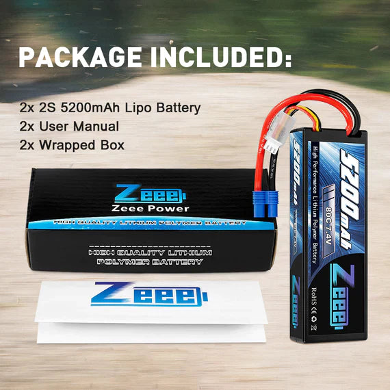 Zeee 2S Lipo Akku 5200mAh 7.4V 80C Hard Case mit EC3 Stecker für 1/8 1/10 RC Fahrzeuge Auto (2 Pack) - LiPo24.de
