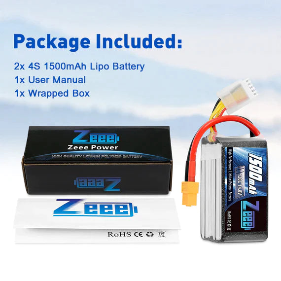 Zeee 4S Lipo Akku 1500mAh 14,8V 120C Graphen Akku mit XT60 Stecker für FPV RC Car RC Modelle (2 Pack) - LiPo24.de