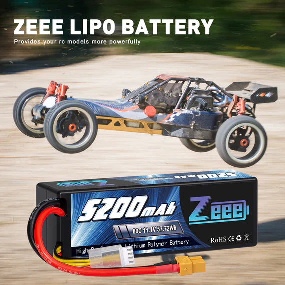 Zeee 3S Lipo Akku 5200mAh 11.1V 80C mit XT60 Stecker Hard Case Akku für RC Car RC Modelle (2 Pack) - LiPo24.de