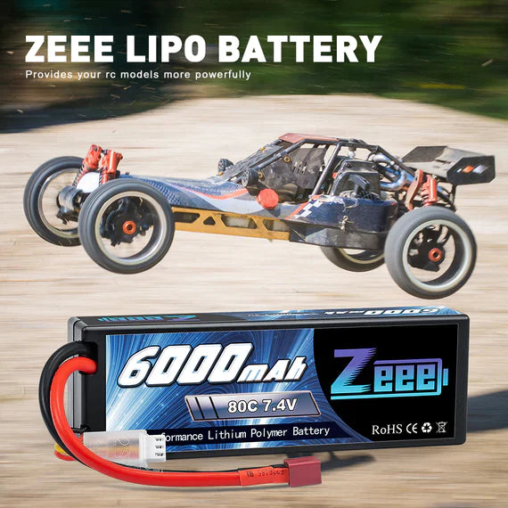 Zeee 2S Lipo Akku 6000 mAh 7,4 V 80 C Hartschalenkoffer mit Deans Anschluss für RC Autos im Maßstab 1:8 (2 Stück)   LiPo24.de