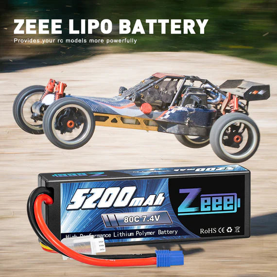 Zeee 2S Lipo Akku 5200mAh 7.4V 80C Hard Case mit EC3 Stecker für 1/8 1/10 RC Fahrzeuge Auto (2 Pack) - LiPo24.de